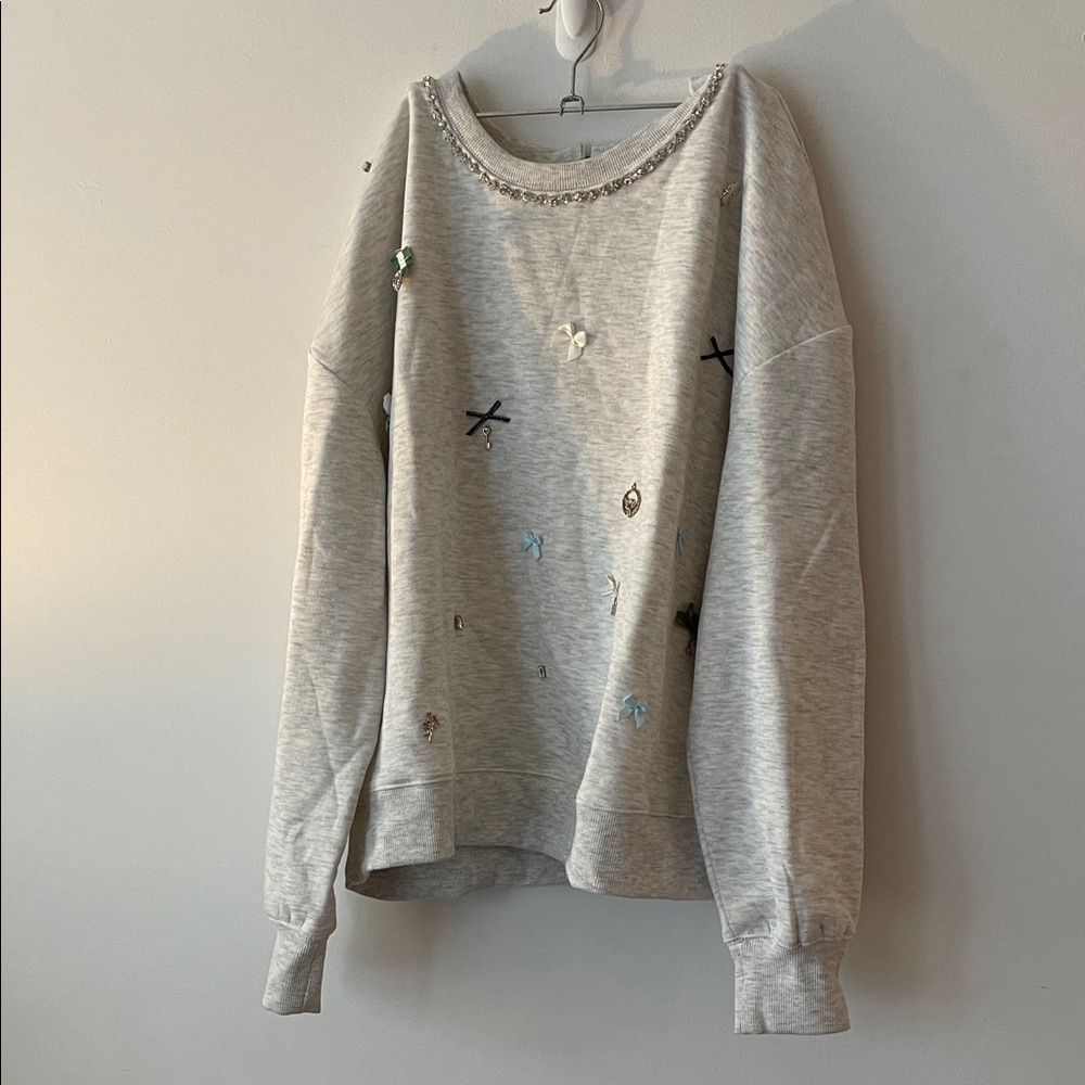 Maeve Light Gray Embellished Sweatshirt with Rhinestone Trim